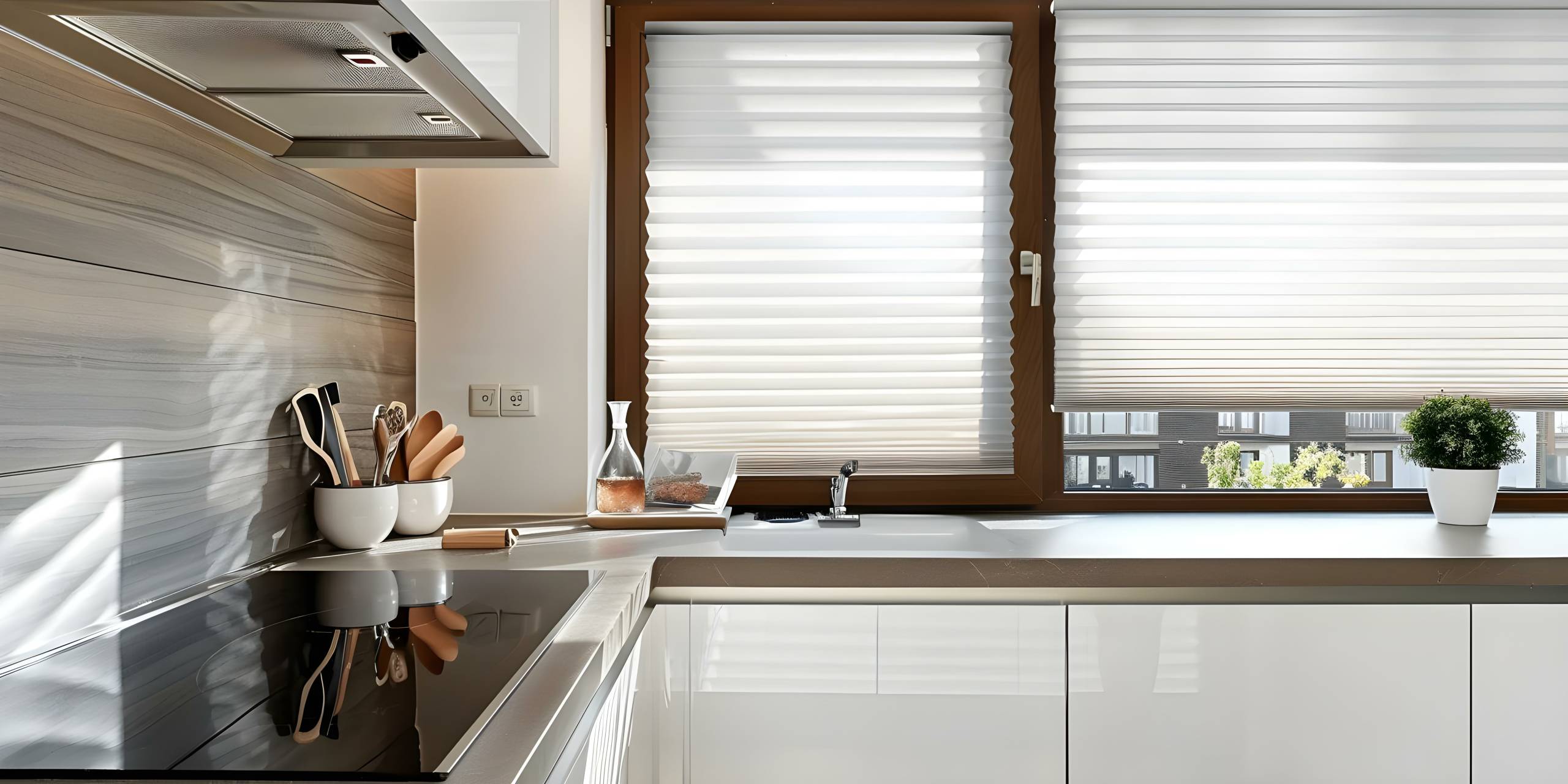 White 50mm pleated blinds for apartment windows offer contemporary topdown privacy. Concept Window Blinds, Top-Down Design, Contemporary Style, Privacy, Pleated 50mm Blinds